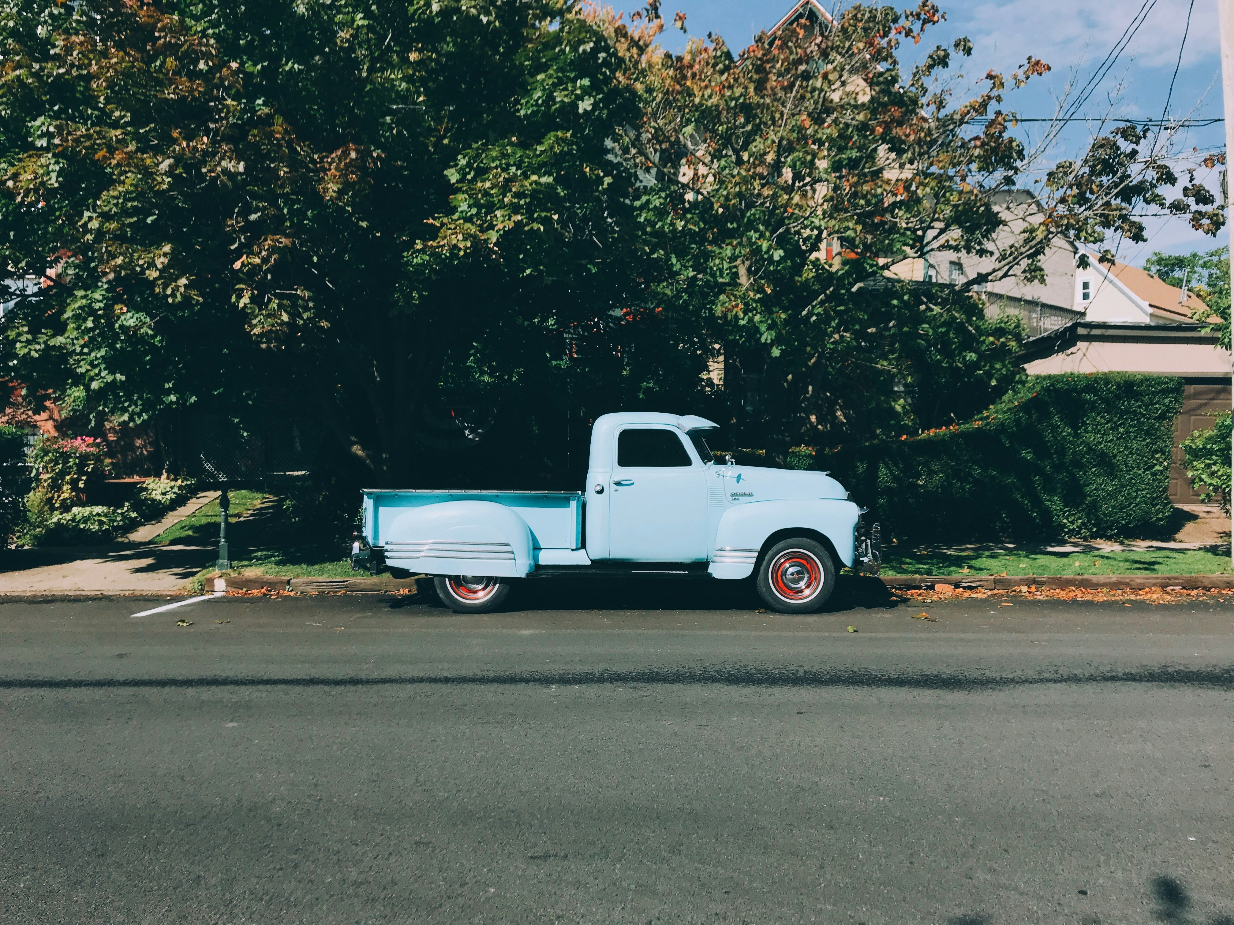 white single cab pickup truck parked near green tree at daytime